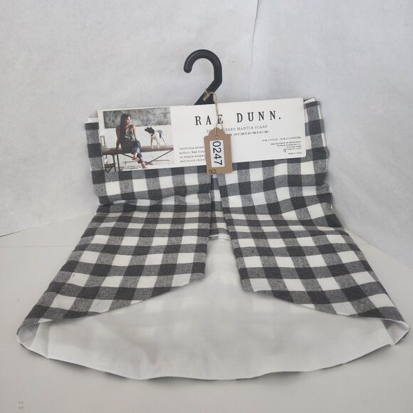 Rae Dunn Embroidered Mantle Scarf Thankful Gray Buffalo Check Plaid New - Picture 2 of 6